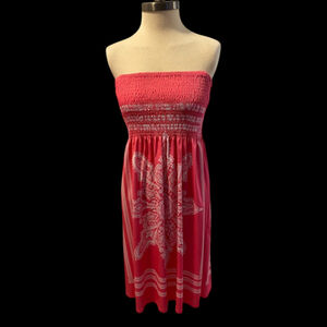 Boho Pink Bandana Print Paisley Smocked Dress – Strapless Sundress - Sz L